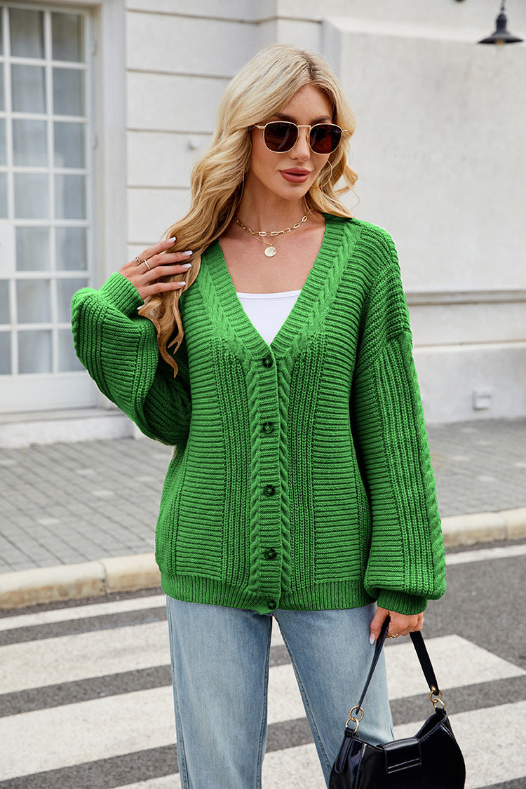 Women's Loose Long-sleeved V-neck Twisted Knitted Sweater Coat