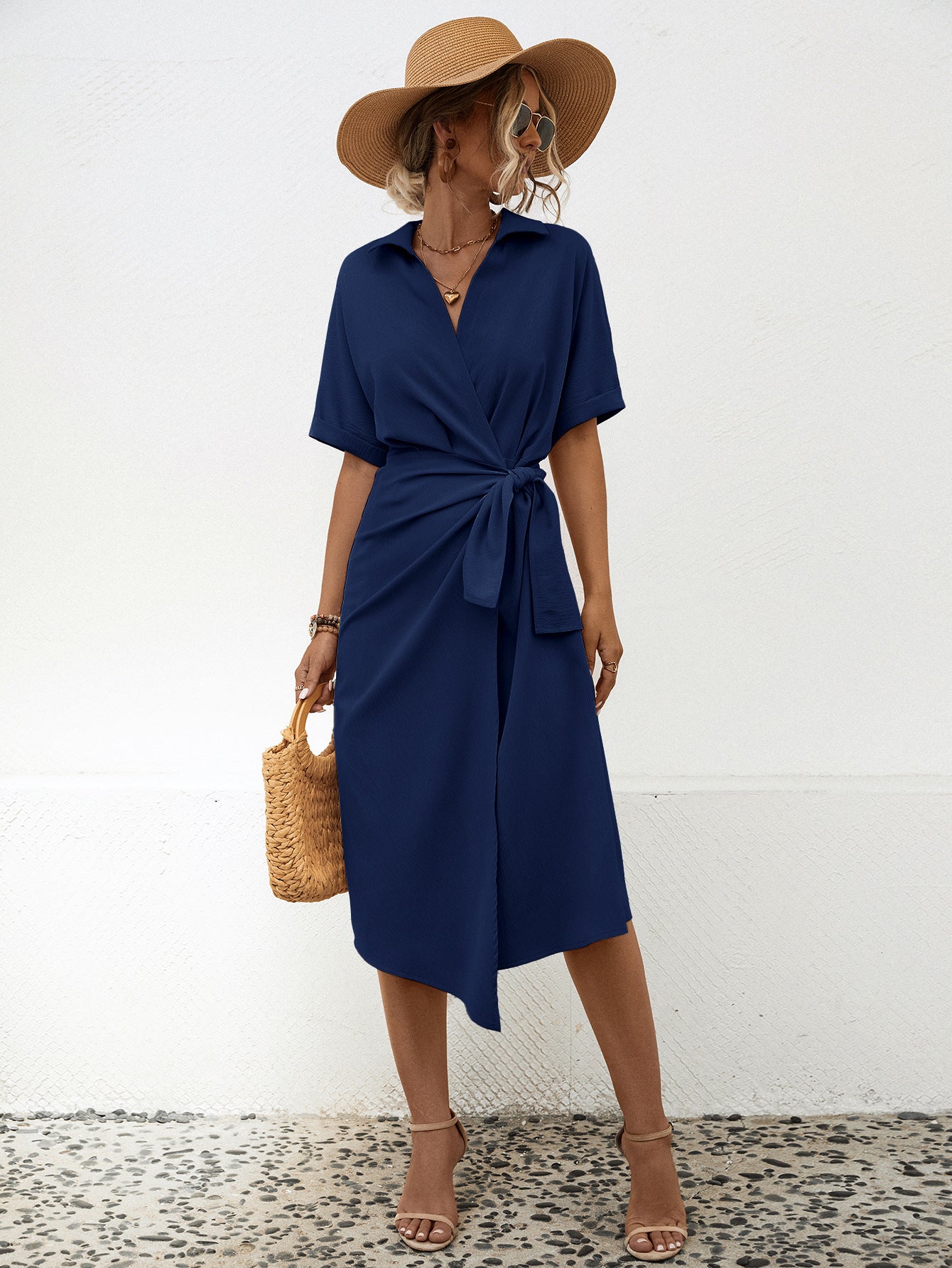 Women’s Short Sleeve Midi Dress with Lapel and Waist Tie