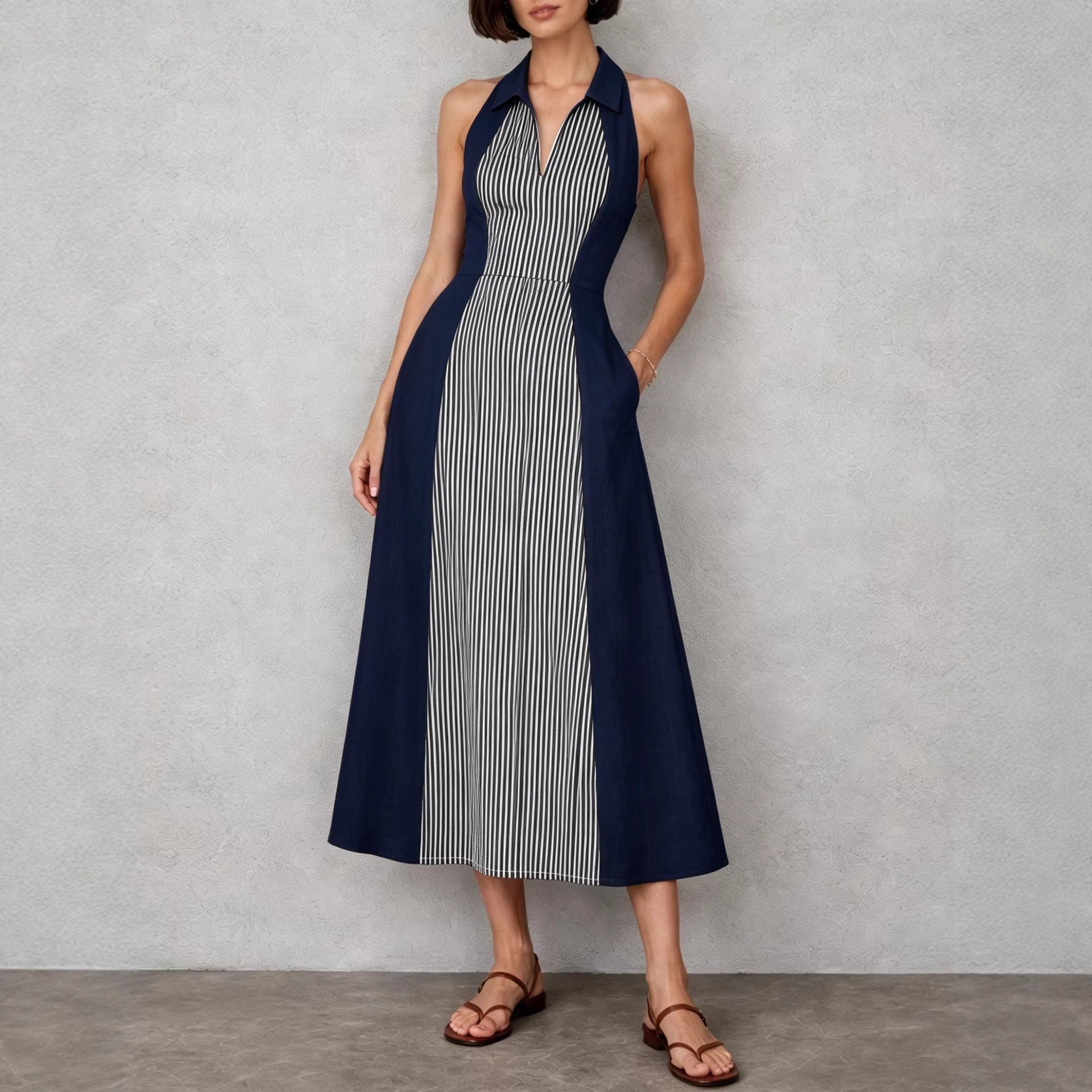 Womens Shirts Collar Defined Waistline Striped Long Swing Dress