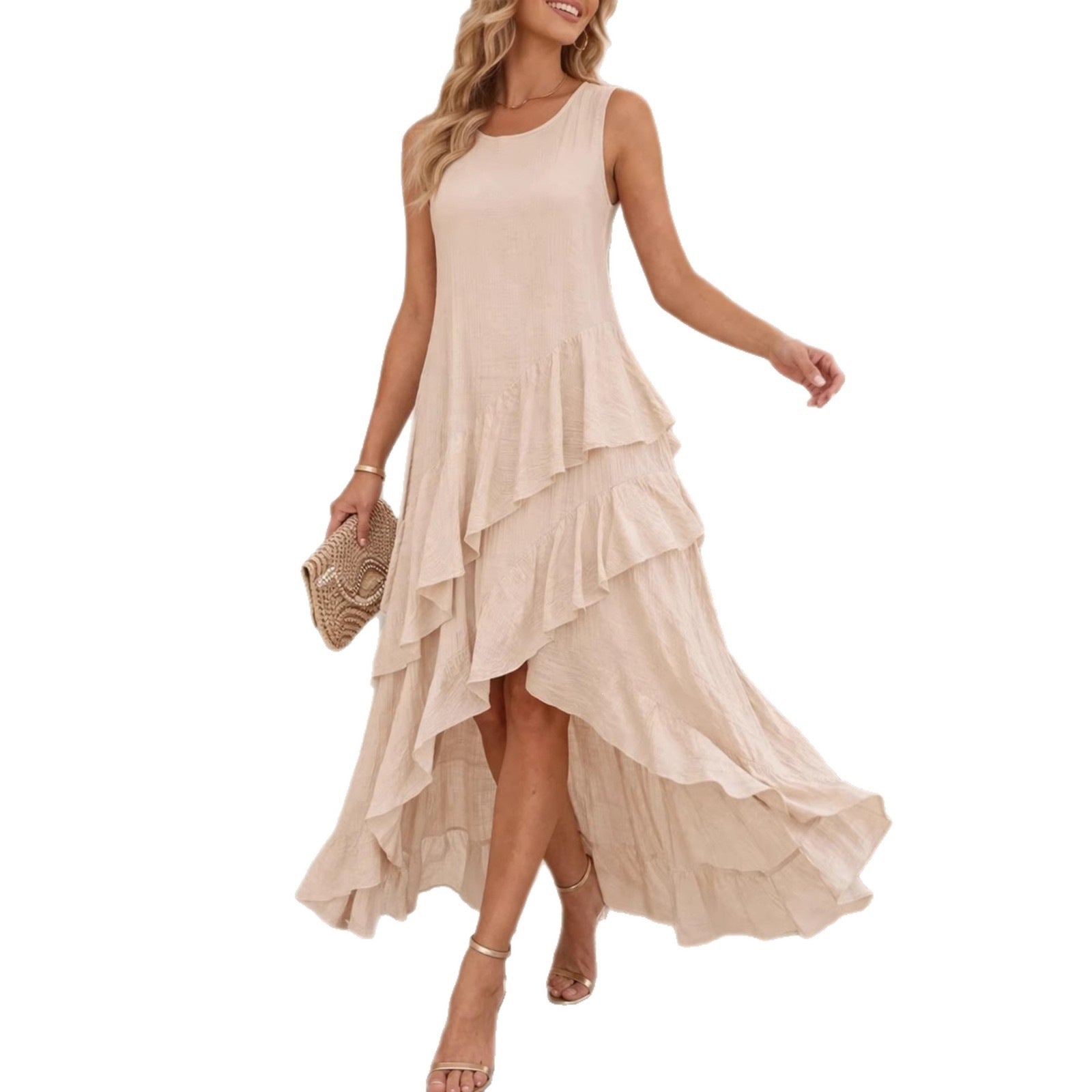 Elegant Casual Asymmetrical Ruffle-Trimmed Resort-Style Dress