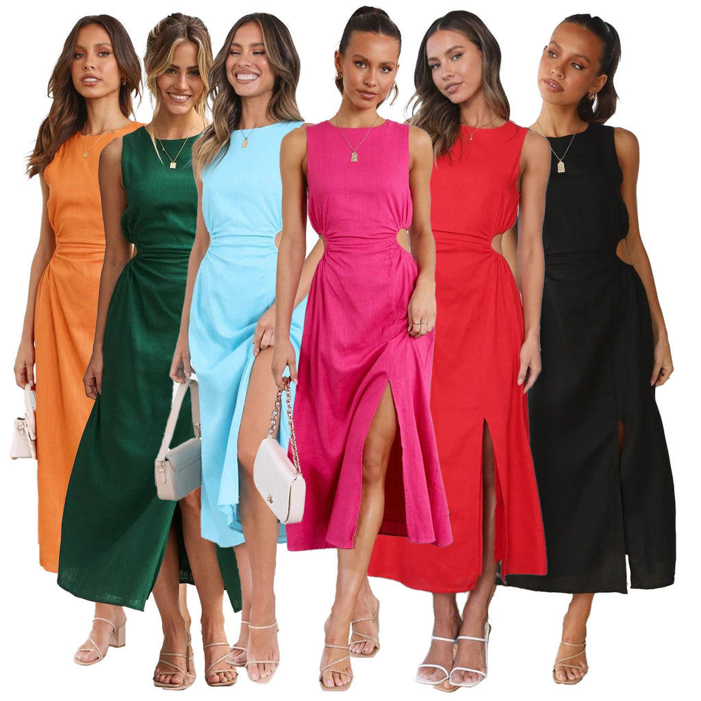 Women's Sleeveless A-Line Midi Dress with Leg Slit