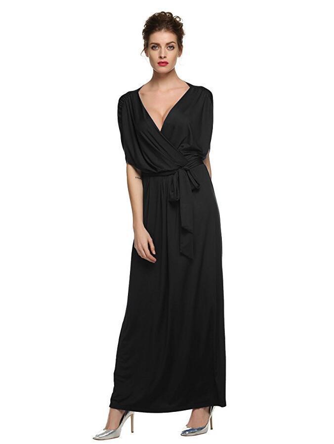 Women’s Elegant V-Neck Maxi Dress with Waist Tie in 7 Colors M-4XL - Wazzi's Wear