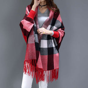 Women's Plaid Knit Cardigan Cloak with Fringe in 3 Colors - Wazzi's Wear