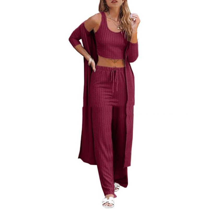 Vest Pants And Robe Three-piece Womens Loungewear Set