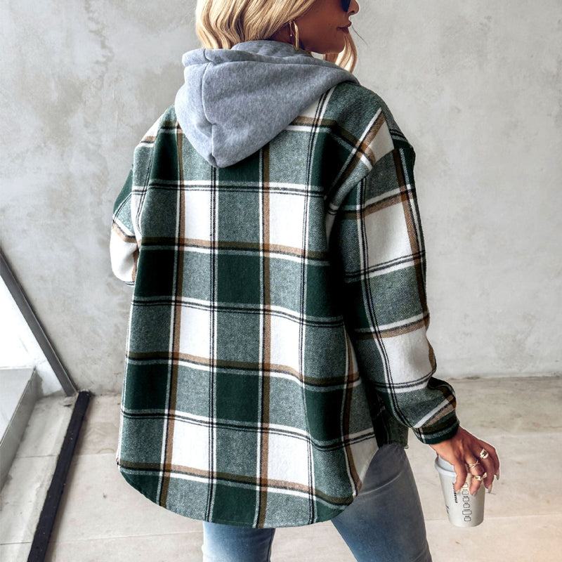 Women's Plaid Hooded Long Sleeve Shacket in 2 Colors S-XL - Wazzi's Wear