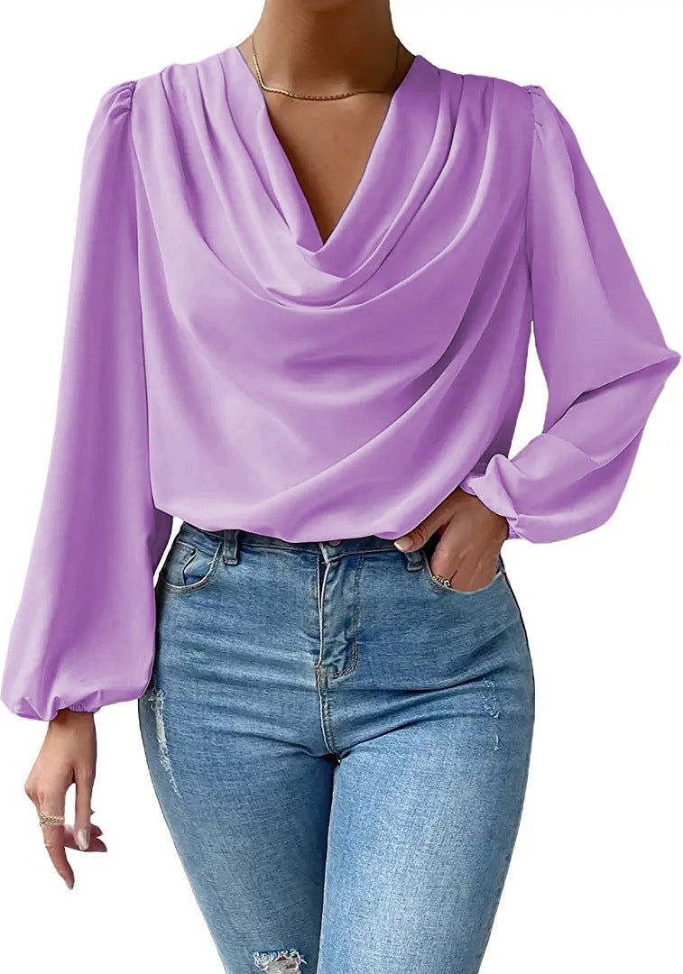 Women’s Elegant Chiffon Cowl Neck Long Sleeve Blouse