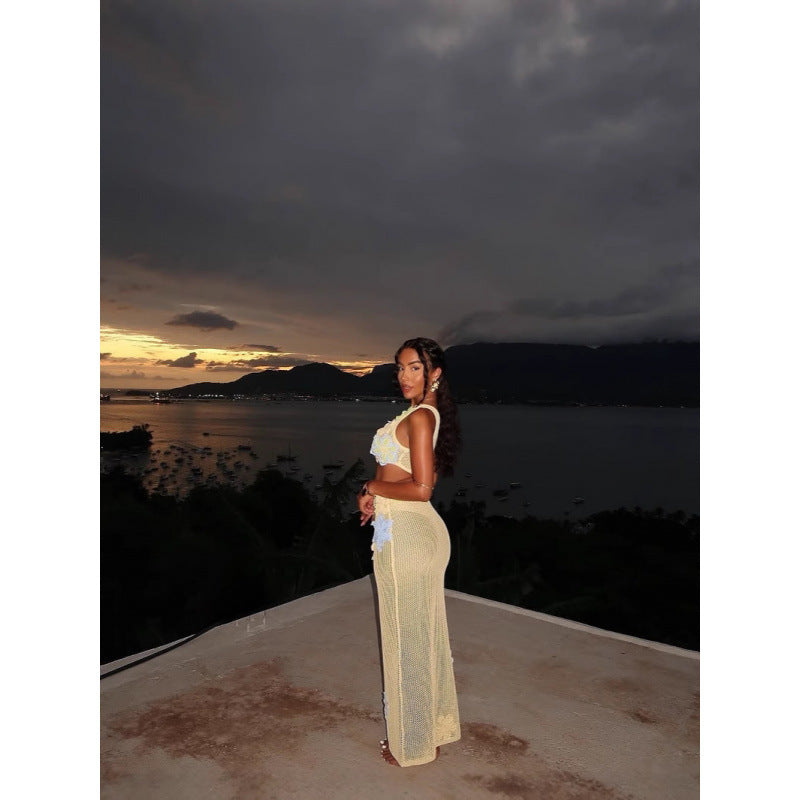 Elegant Knitted Hollow Sleeveless Oblique Shoulder Tops Mid-length Dress Set