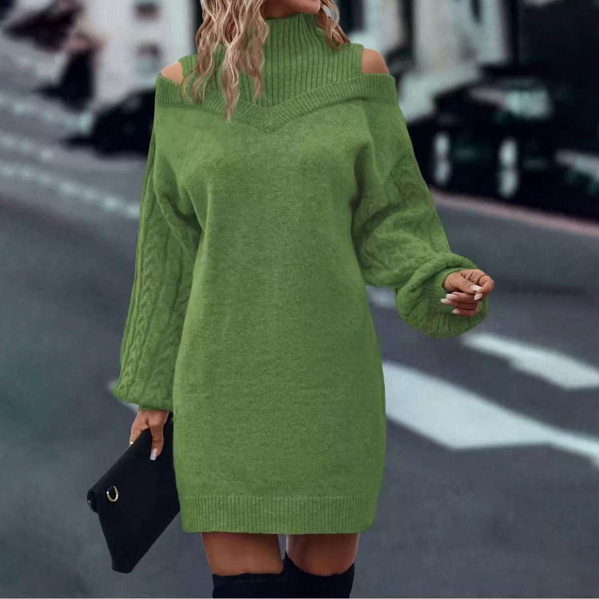 Loose Mid-length Sweater Half Turtleneck Off-the-shoulder Long Sleeve Knitted Dress