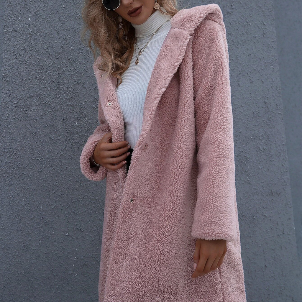 Women's Hooded Mid-Length Plush Coat in 2 Colors S-XL - Wazzi's Wear