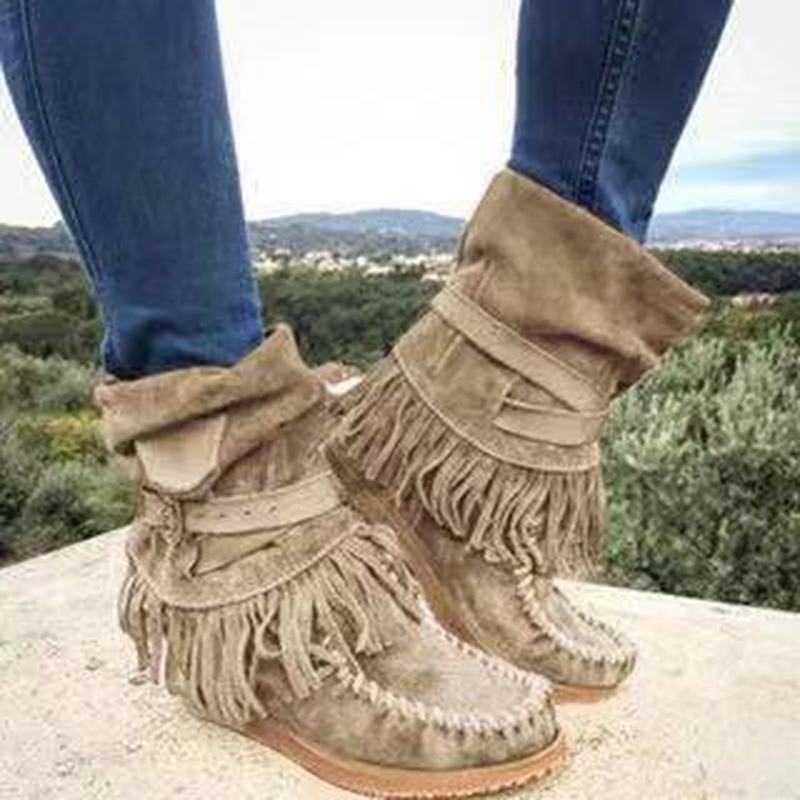 Women’s Suede Mid-Calf Moccasin Boots with Tassels in 5 Colors - Wazzi's Wear