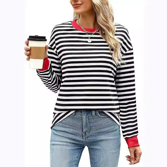 Women's Round Neck Striped Long Sleeve Shirt