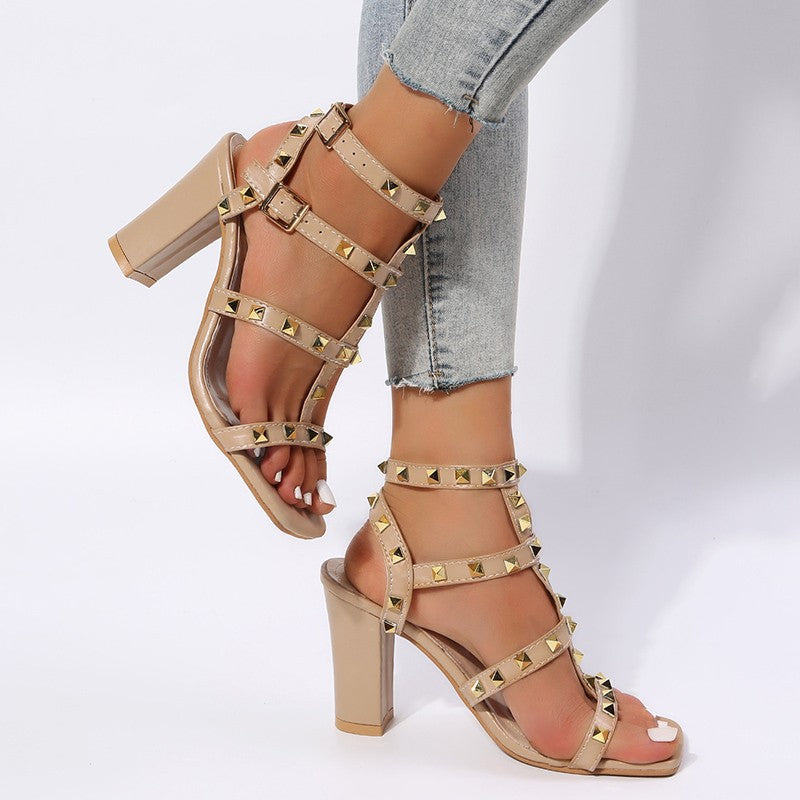 Women's Square Toe Rivet High Heel Sandals in 2 Colors