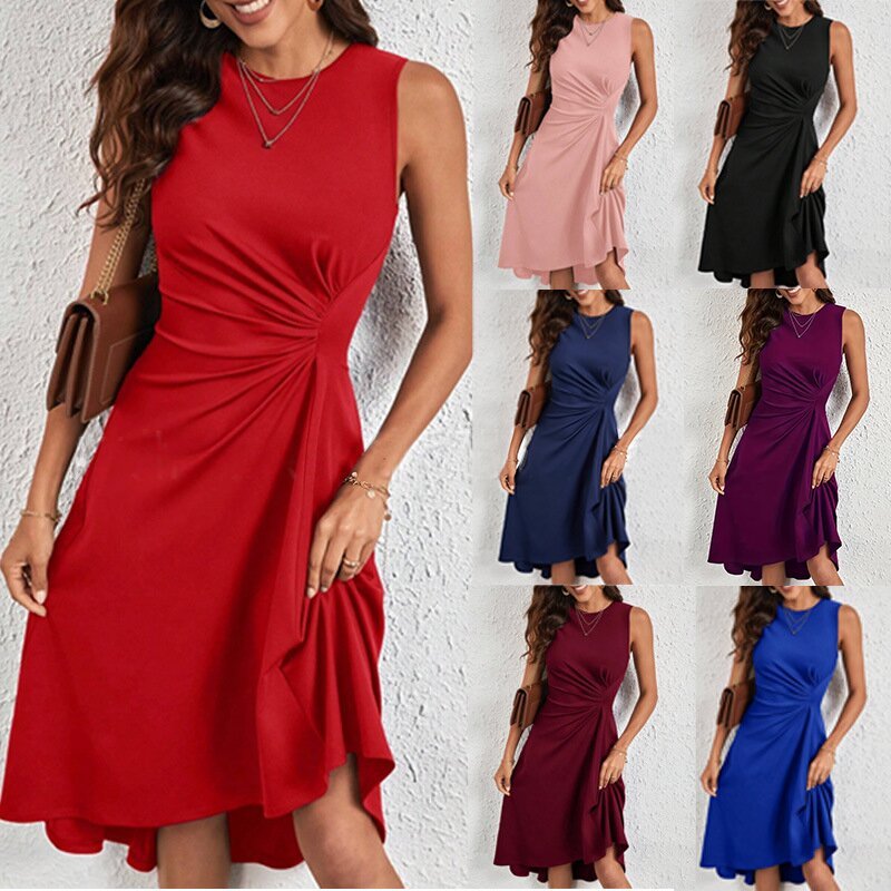 Women's Sleeveless A-Line Midi Dress with Pleated High Waist