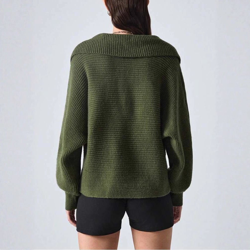 Elegant Polo Collar Solid Color Long Sleeve Knitted Pullover Sweater