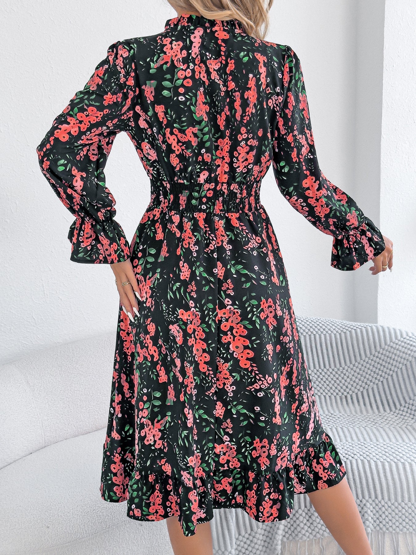Women's Casual Floral Print Bell Sleeve Tie Waist A-Line Dress