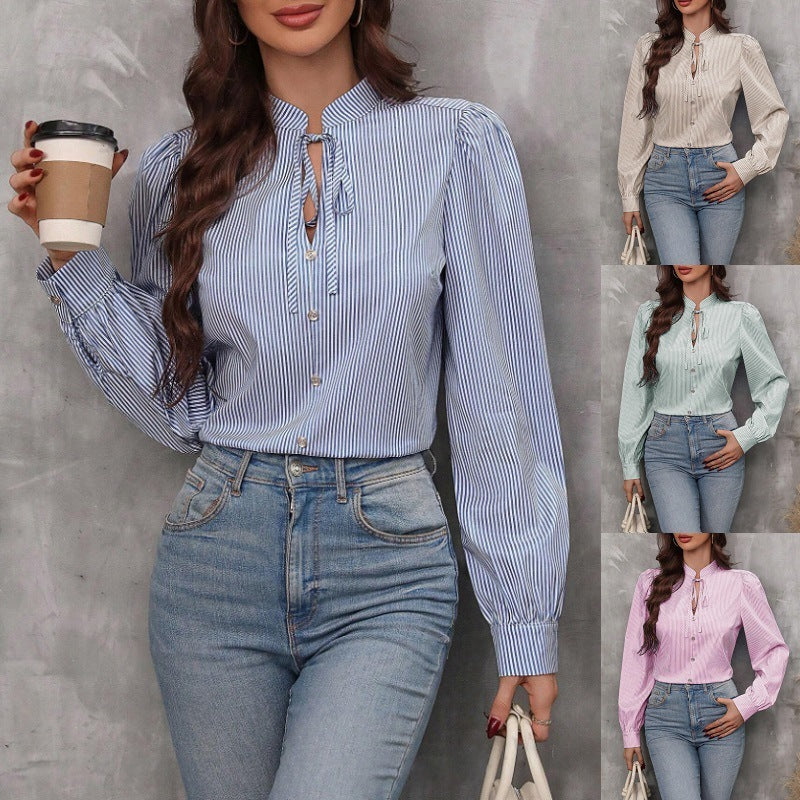 Women's V-Neck Striped Long Sleeve Blouse