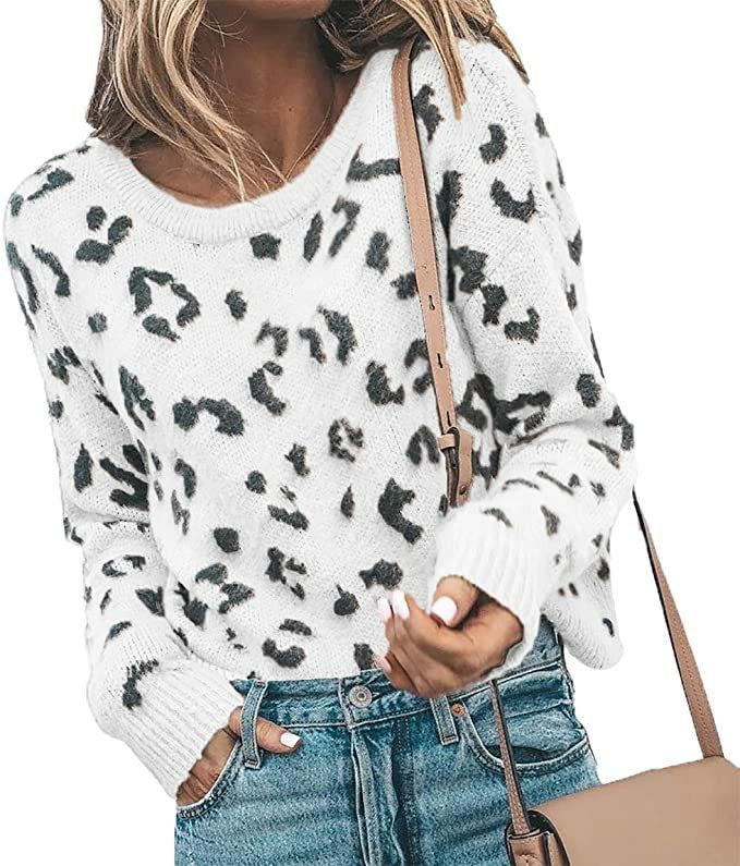Women’s Round Neck Leopard Print Sweater in 5 Colors S-XL - Wazzi's Wear