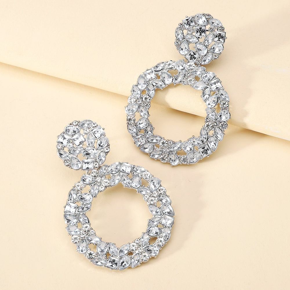 Luxury Elegant Two Tier Full Rhinestone Hollow Circle Statement Dangle Earrings For Women Party Prom Wedding Evening Daily Wear