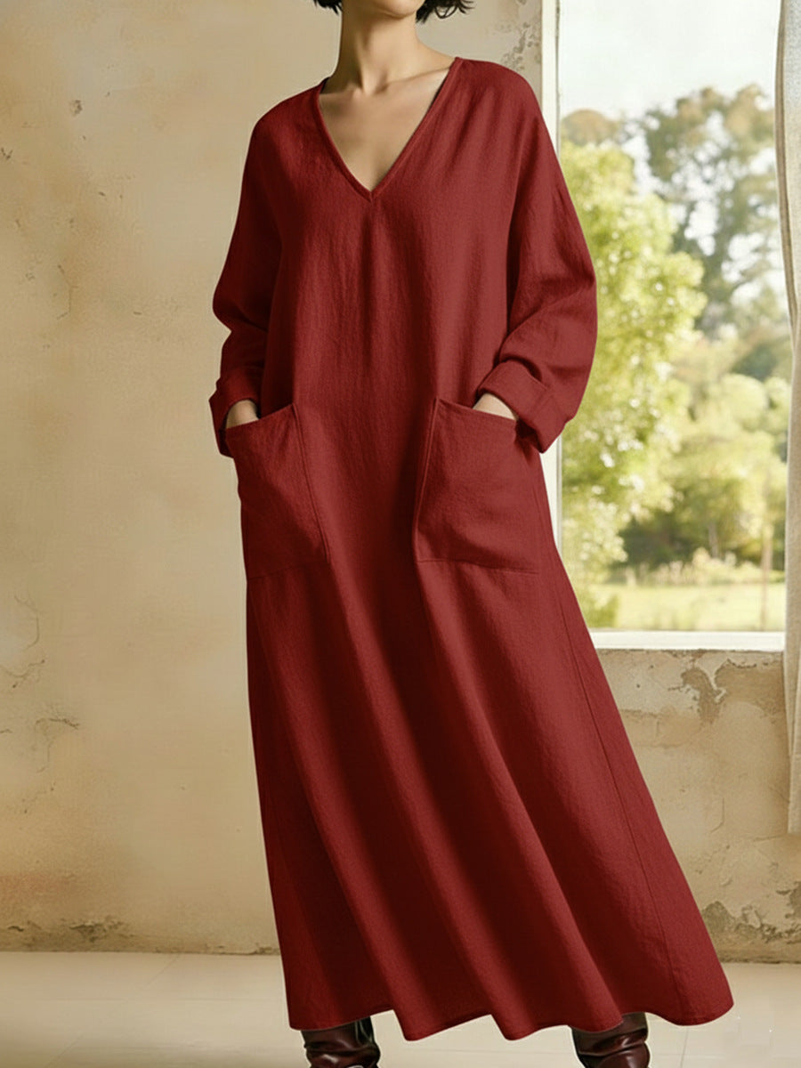 Casual Solid-Colored V-Neck Pocket Long-Sleeve Cotton-Linen Dress