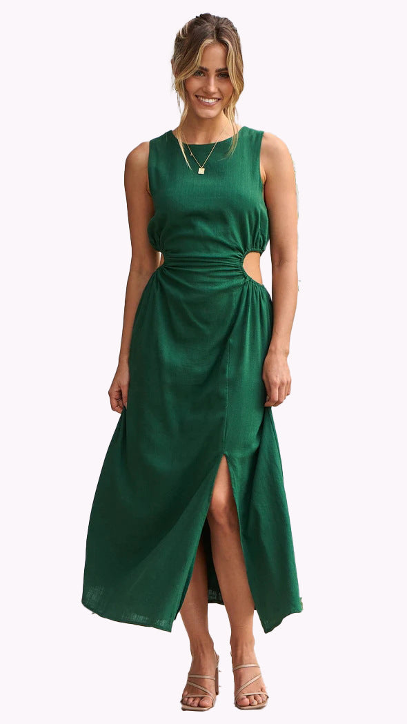 Women's Sleeveless A-Line Midi Dress with Leg Slit