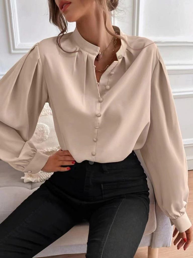 Women’s Mock Neck Long Sleeve Blouse with Pleated Collar