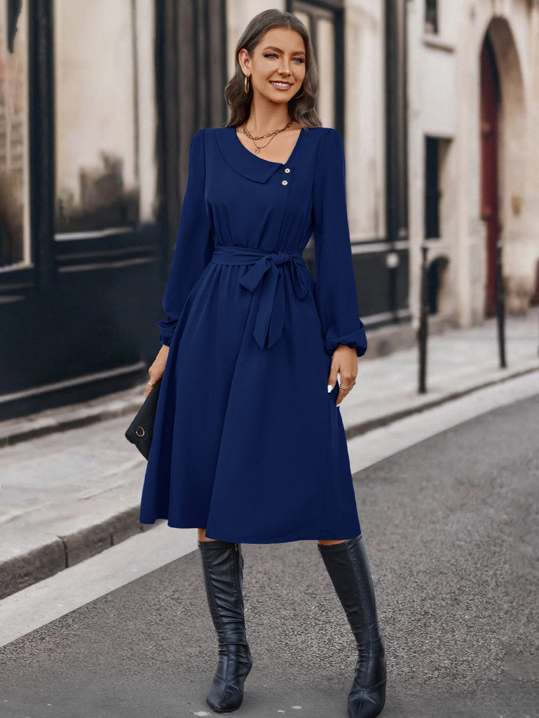 Women’s Long Sleeve Midi Dress with Waist Tie in 3 Colors S-XL - Wazzi's Wear