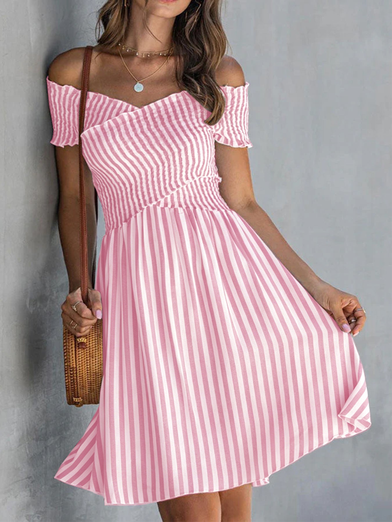 Off-the-shoulder Striped Waist-cinching Dress European And American Style