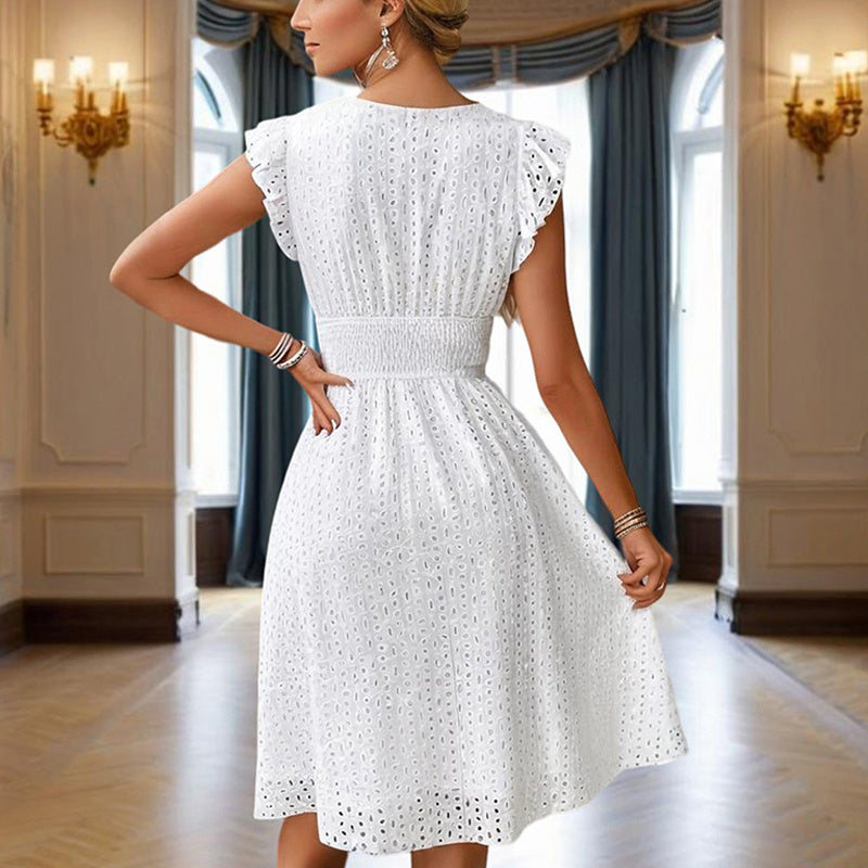 Women's Solid Color V-Neck Lace Short Sleeve Dress With Elastic Waist - A-Line Flowy Midi Dress For Summer Vacation
