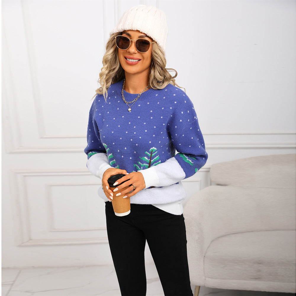 Blue Jacquard Long Sleeve Round Neck Christmas Knitted Pullover Leisure Sweater