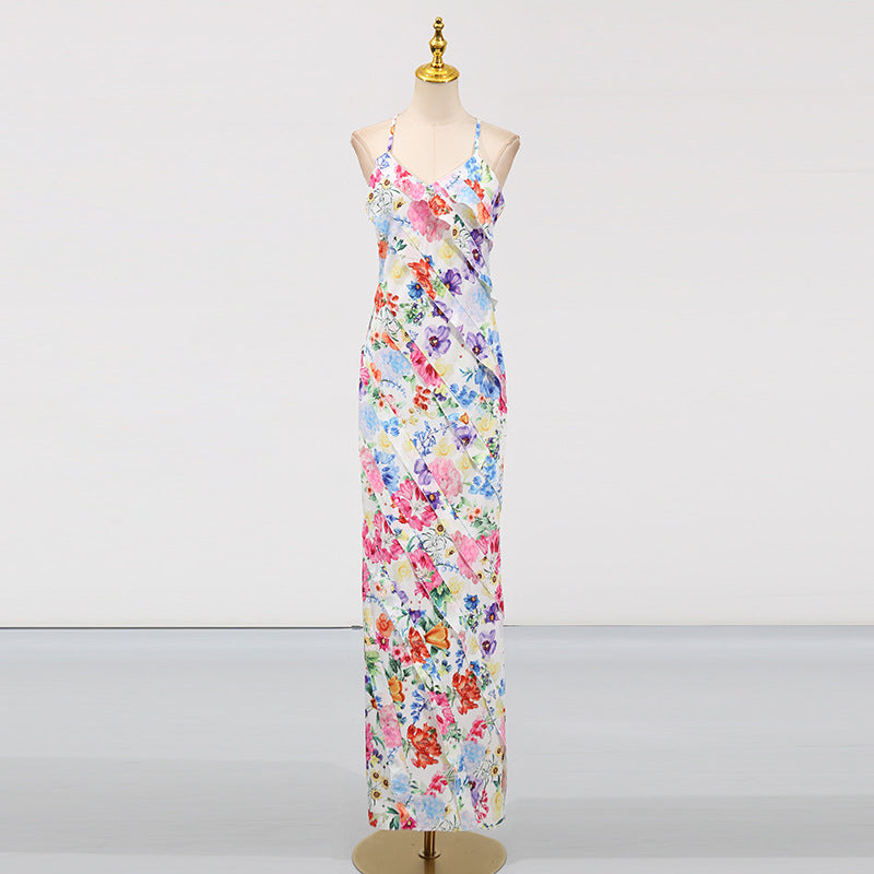 Womens Patchwork Ruffle-Trimmed Resort-Style Slip Dress