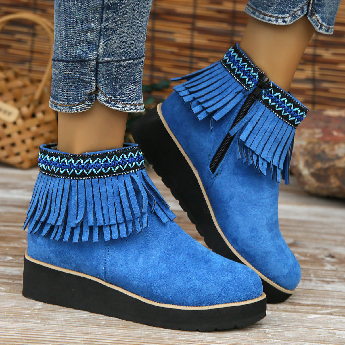 Women s Suede Ankle Boots with Fringe and Wedge Heel in 3 Colors Blue 41