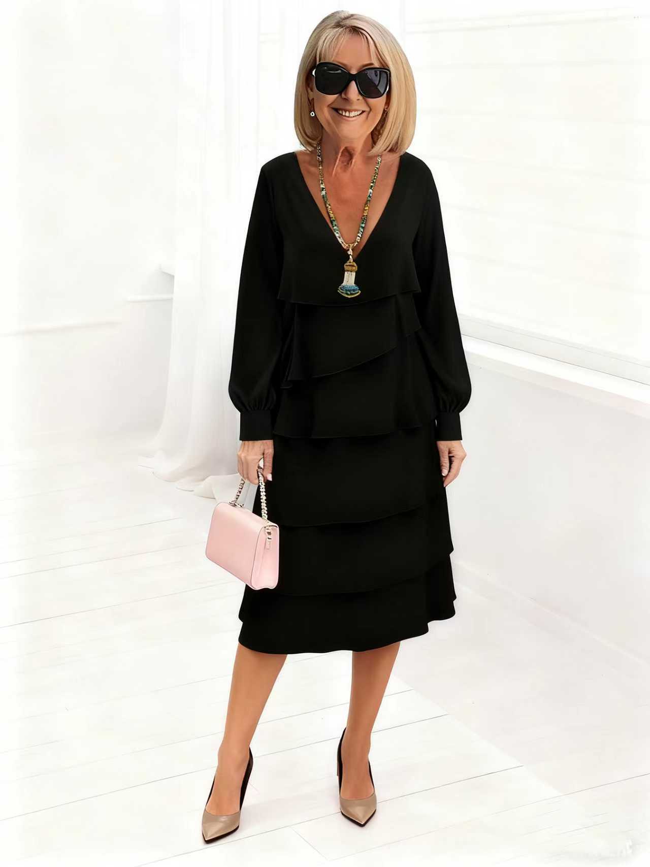Women's Long-sleeve V-neck Tiered Dress