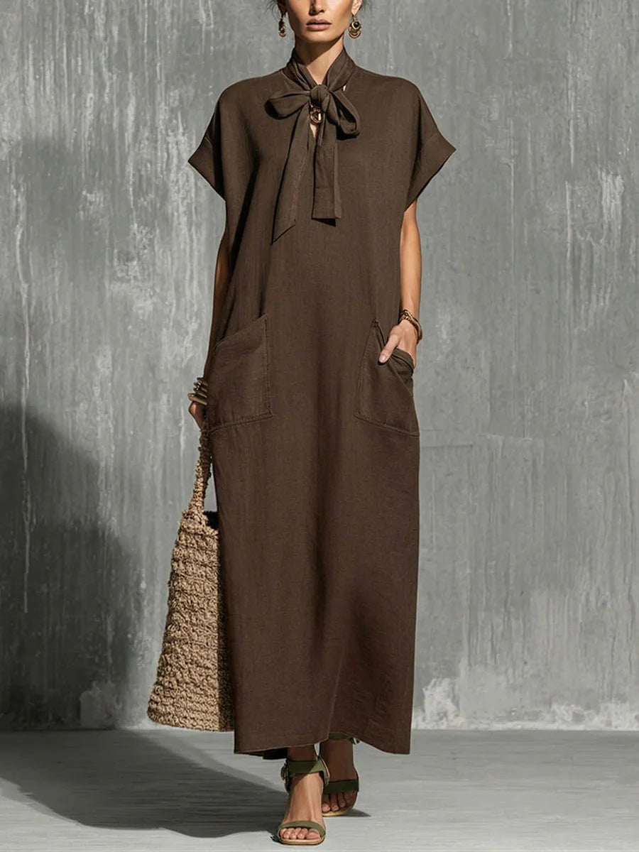 V-neck Lace-up Short-sleeve Solid-color Loose Casual Dress