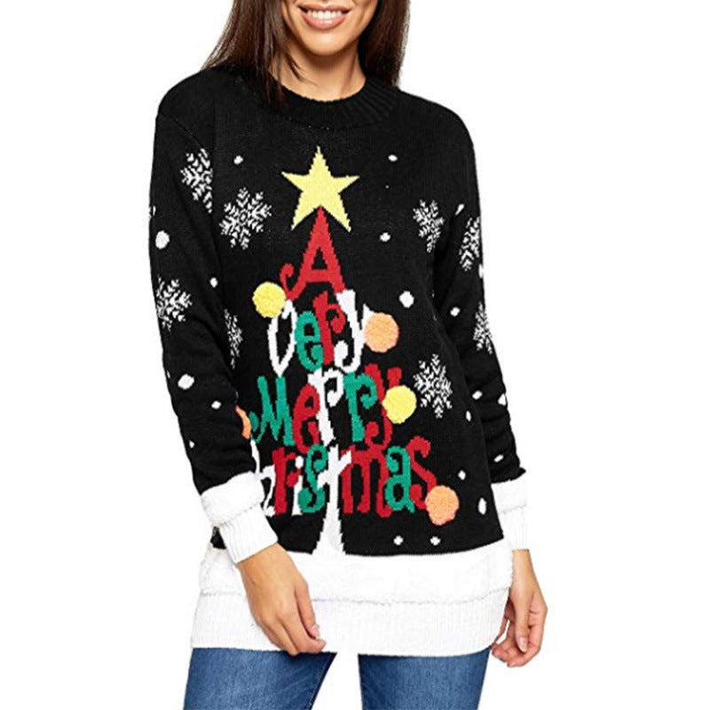 Letter Jacquard Christmas Tree Knitted Pullover Sweater