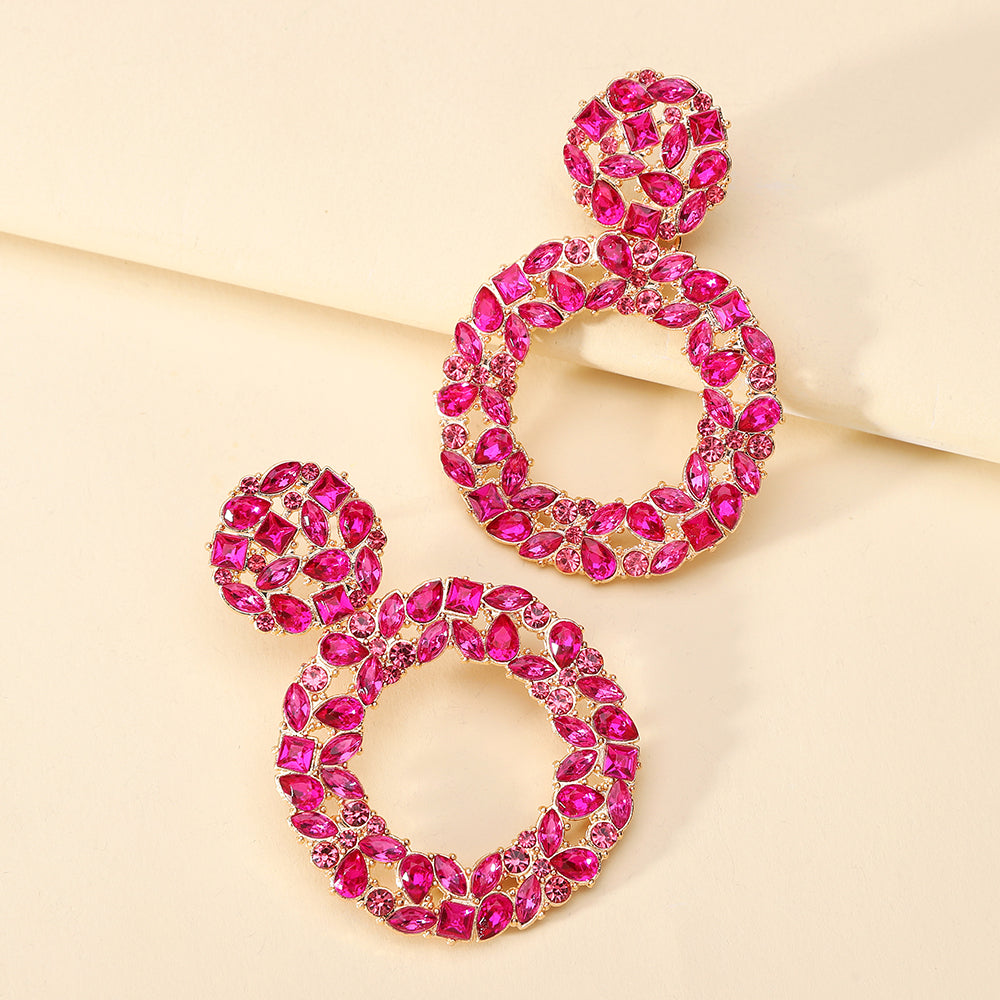 Luxury Elegant Two Tier Full Rhinestone Hollow Circle Statement Dangle Earrings For Women Party Prom Wedding Evening Daily Wear