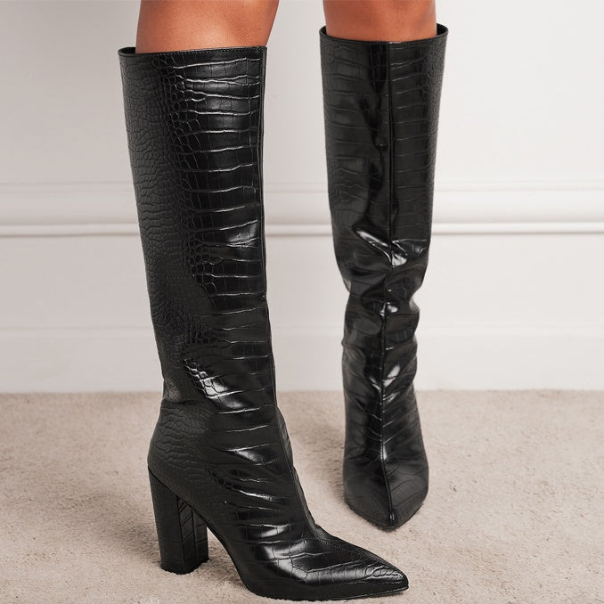 Women’s Pointed Toe Block Heel Black Knee High Boots