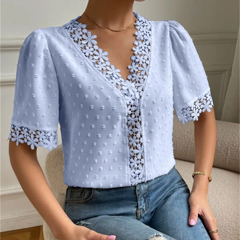 Women's V-Neck Short Sleeve Blouse with Lace