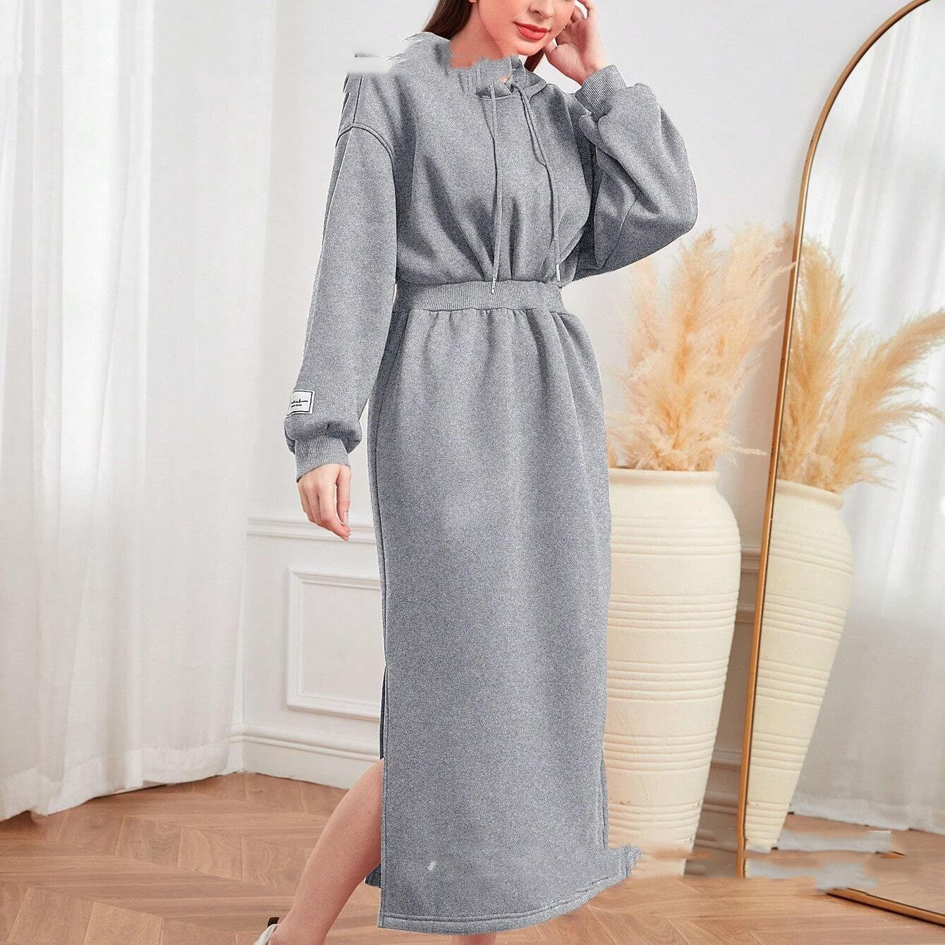 Women's Slit Drawstring Mid-length Sweater Dress