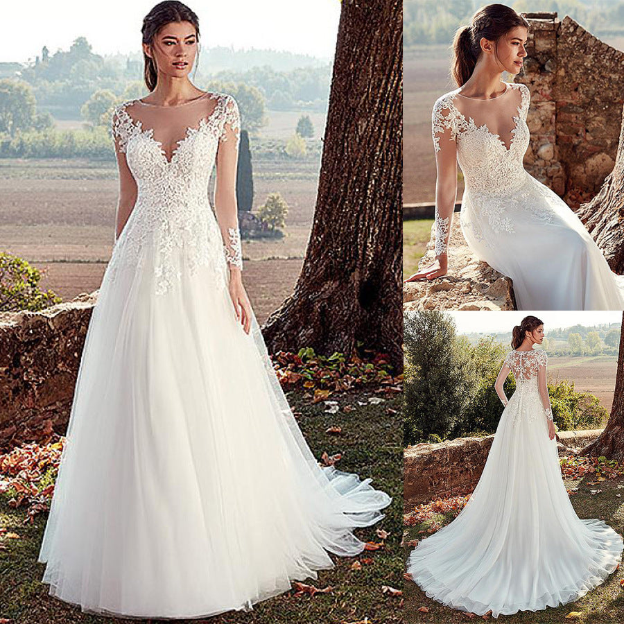 Women’s Lace Bodice Long Sleeve A-Line Wedding Dress with Train XS-3XL - Wazzi's Wear