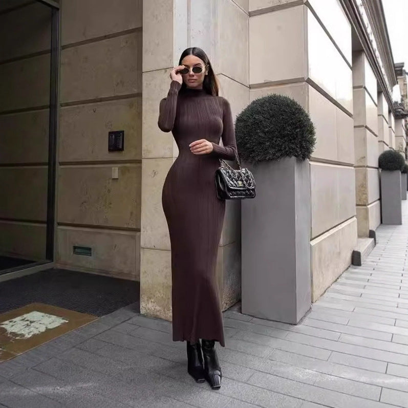 Knitted Turtleneck Long-sleeve Bodycon Dress, Long Elegant French-style Knitted Dress For Women