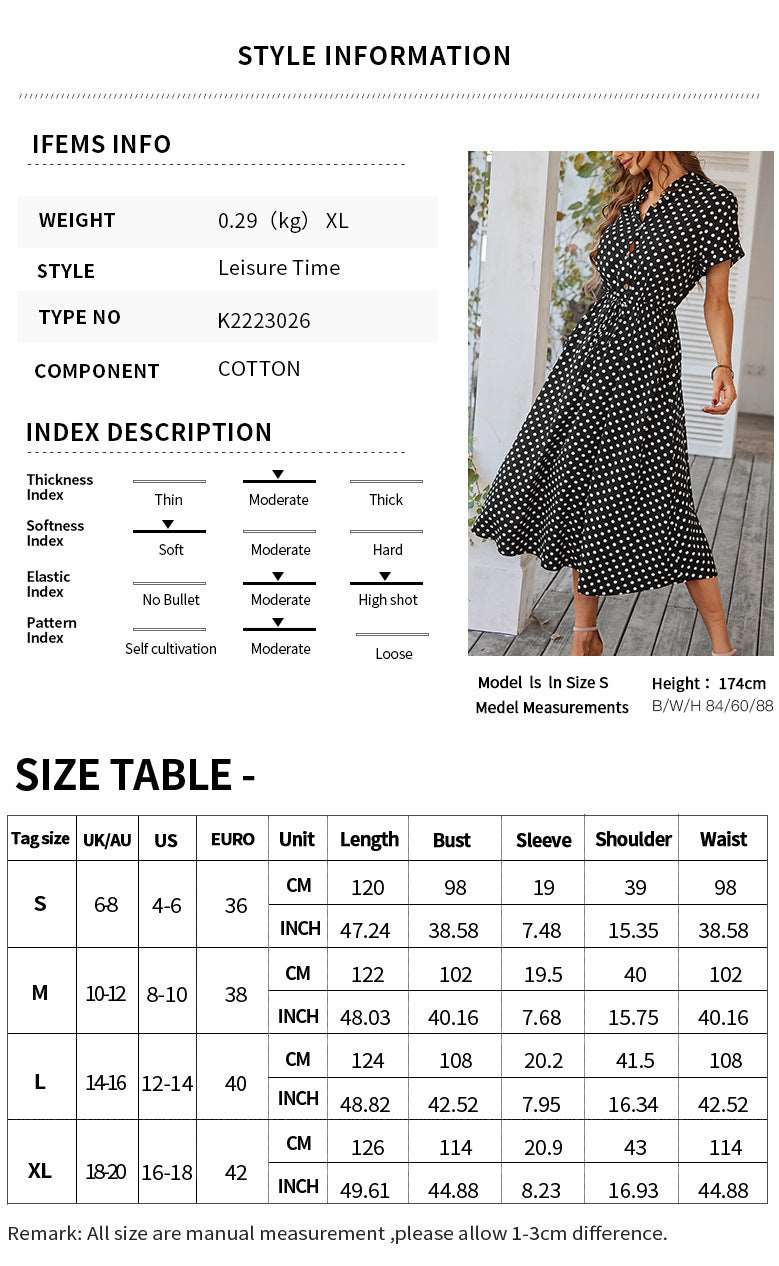 Women’s Polka Dot Short Sleeve Midi Dress with Waist Tie