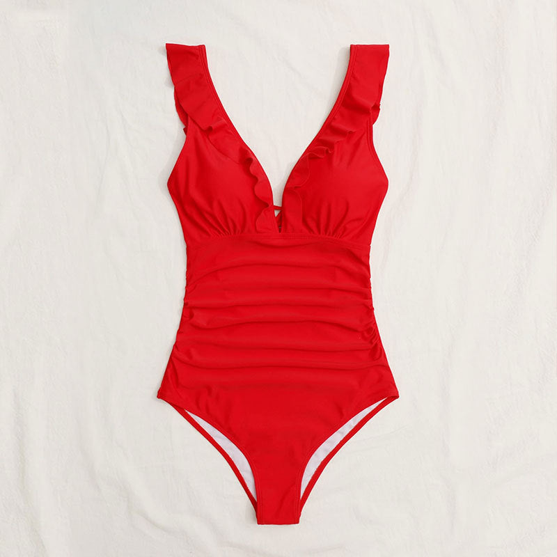 Women's Ruffled V-Neck One Piece Swimsuit in 2 Colors S-XL - Wazzi's Wear