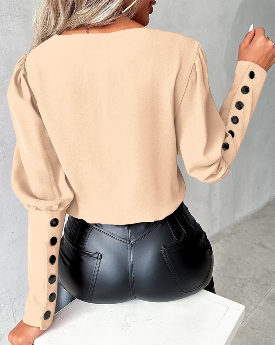 Women’s V-Neck Long Sleeve Blouse With Decorative Buttons