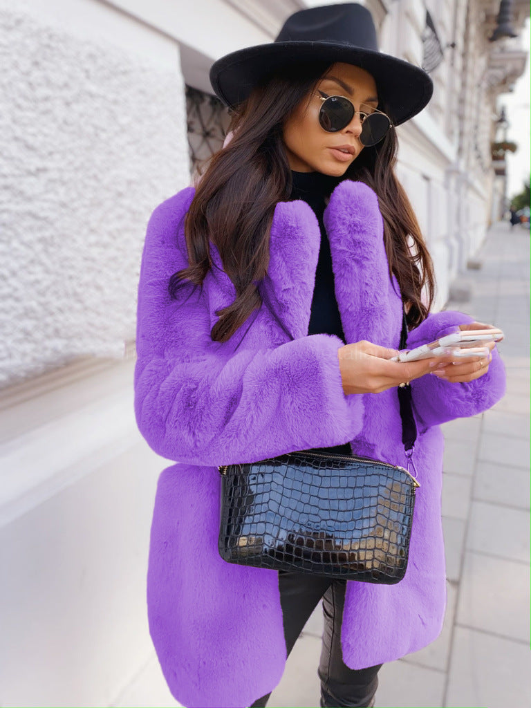 Women’s Fake Fur Long Sleeve Open Coat with Lapel in 5 Colors S-5XL - Wazzi's Wear
