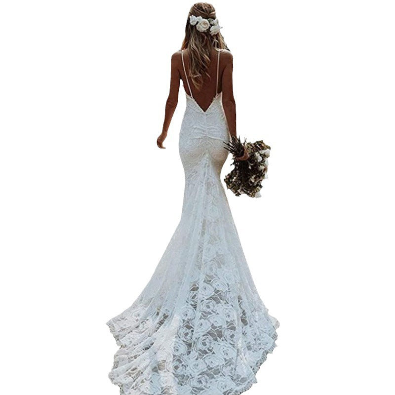 Women's Sleeveless Backless Mermaid Wedding Dress with Spaghetti Straps and Train Sizes 2-26W