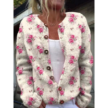 New Women's Autumn And Winter Style Loose 3D Printed Knitted Cardigan Sweater