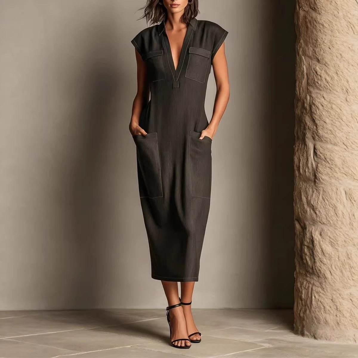 Stand-up Collar Sleeveless Casual Loose-fit Cotton-linen Dress