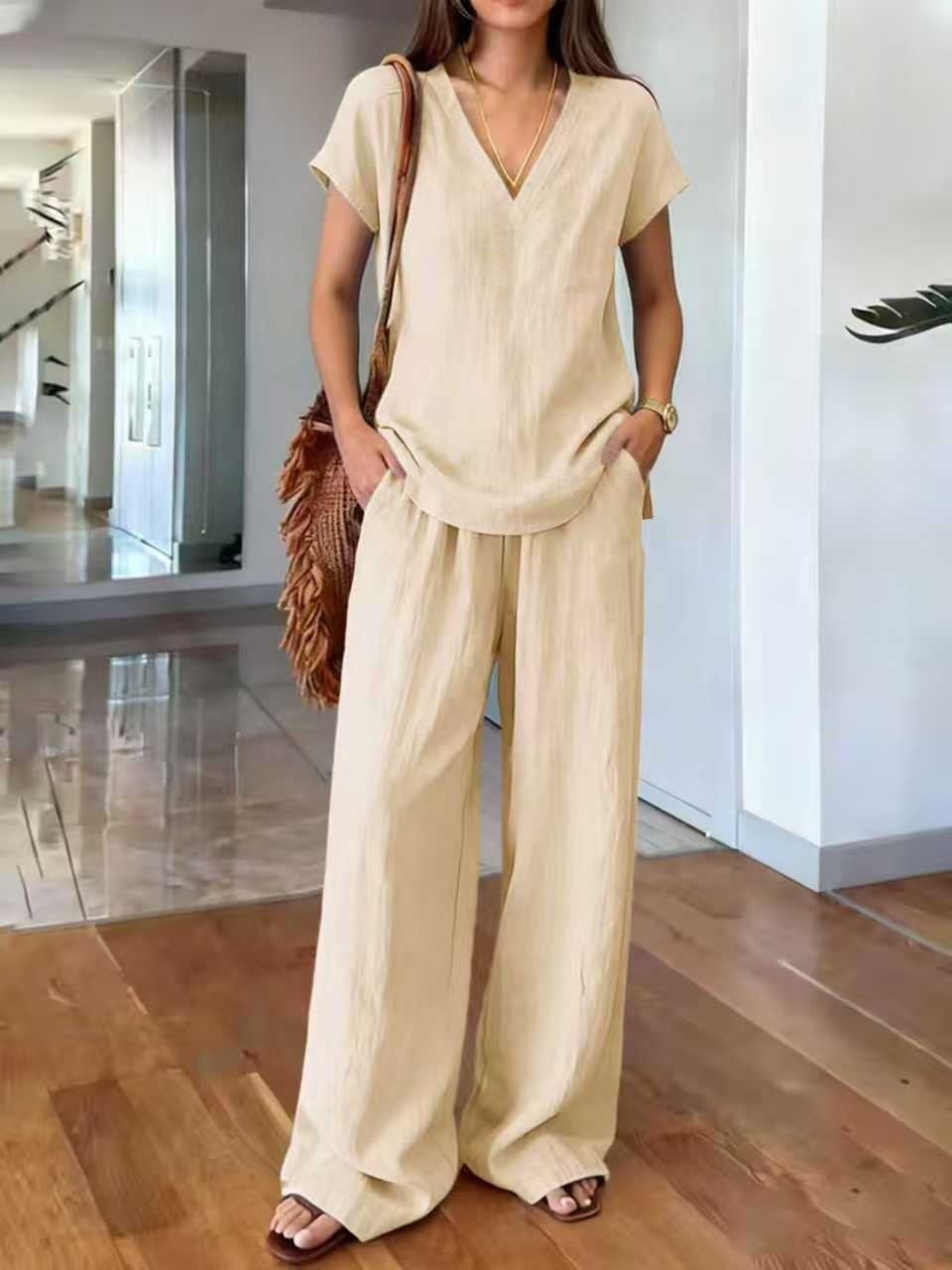 Fashionable V-neck Short-sleeve T-shirt And Wide-leg Pants Womens Suit