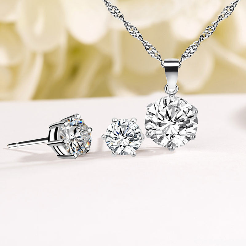 Women’s Diamond Stud Silver Earrings and Necklace Jewelry Set - Wazzi's Wear