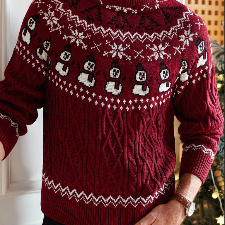 Red Christmas retro round-neck cable knit sweater with snowman pattern and long sleeves